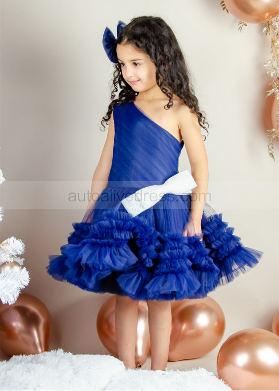 One Shoulder Royal Blue Pleated Tulle Flower Girl Dress